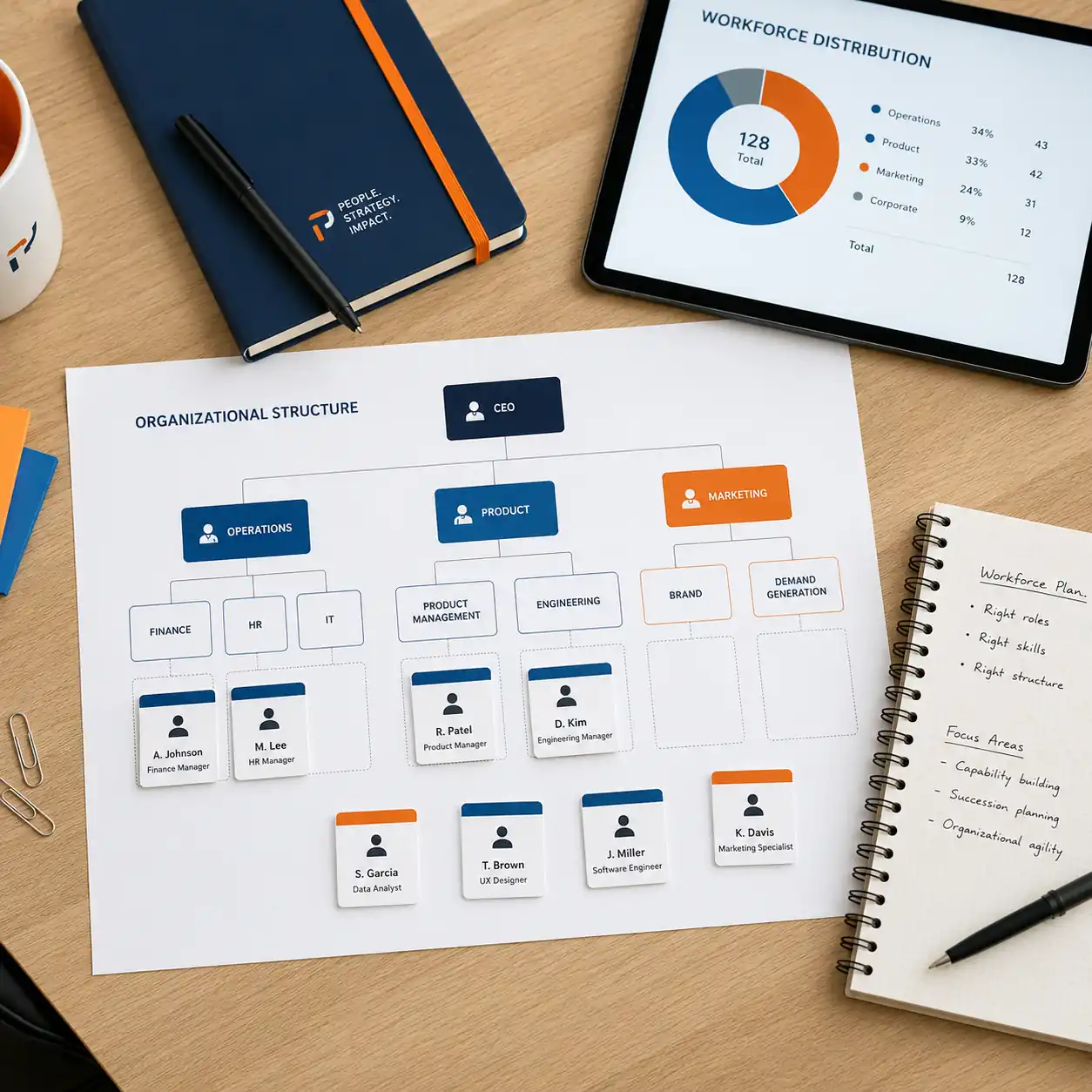 Organigrama impreso junto a un dashboard de Workforce Distribution en tablet