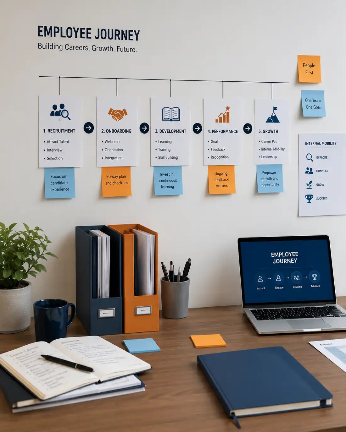 Mural editorial del employee journey con etapas de reclutamiento a crecimiento