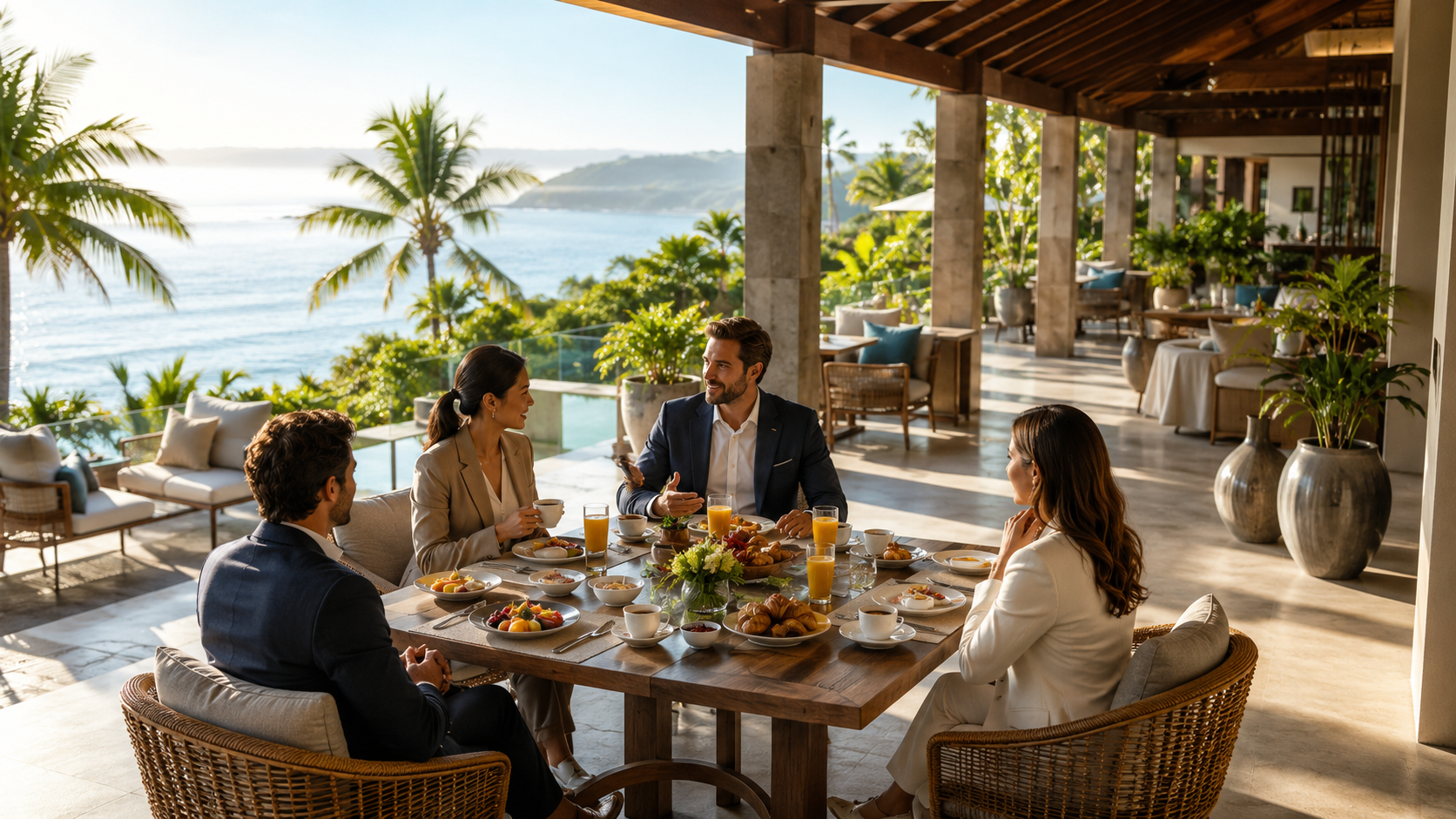 Ejecutivos de Hospitalidad en un desayuno ejecutivo con vista al mar