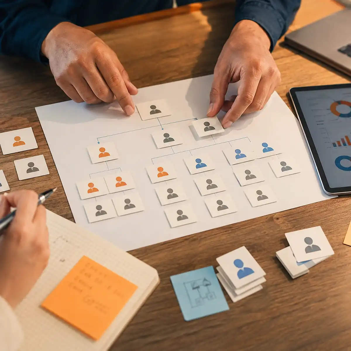 Diseño organizacional y estructura de roles sobre mesa de trabajo